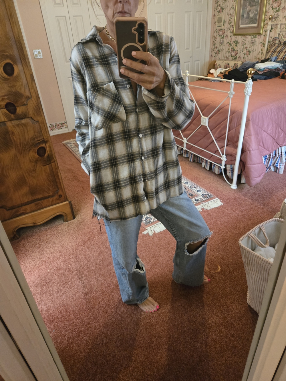Embroidered Plaid Flannel in Cream and Black